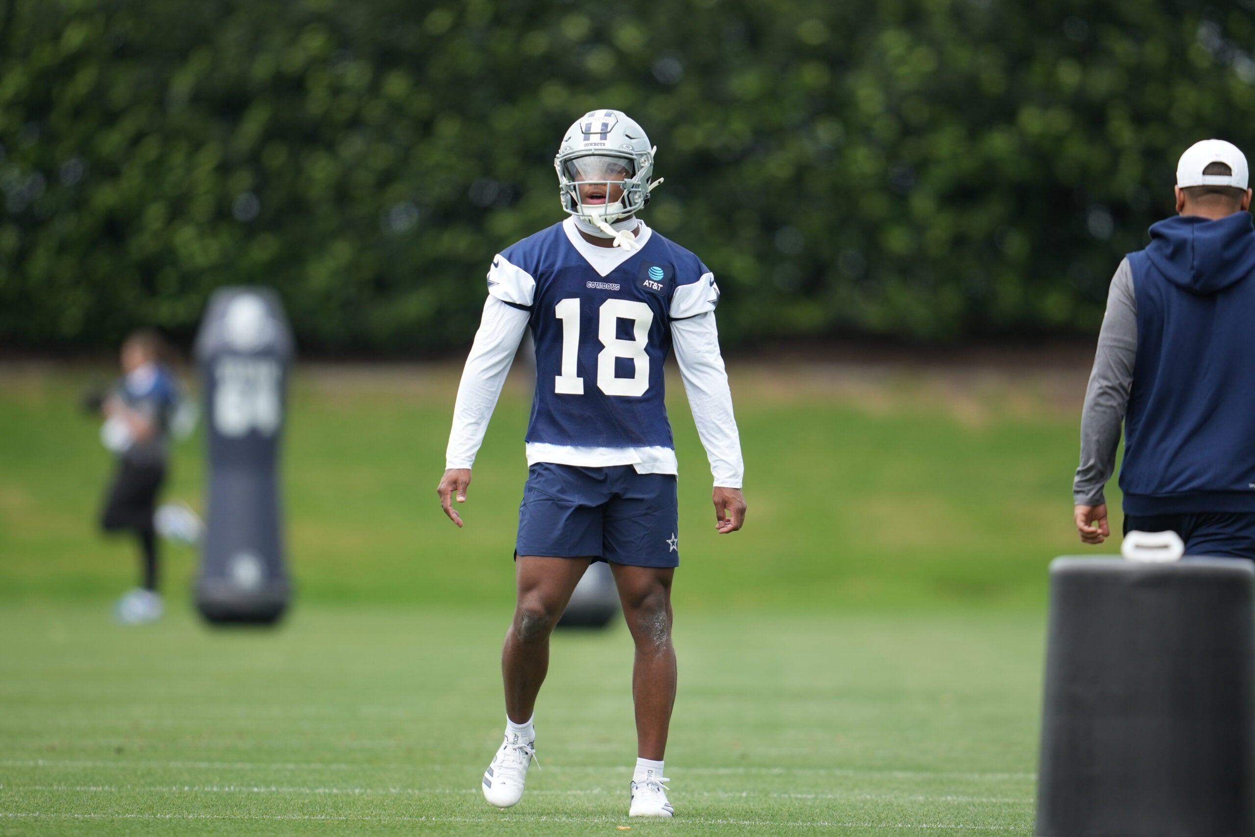 May 1, 2026; Frisco, TX, USA; Dallas Cowboys cornerback Caleb Downs (18) on the field during practice at the Ford Center at the Star Training Facility in Frisco, Texas.
