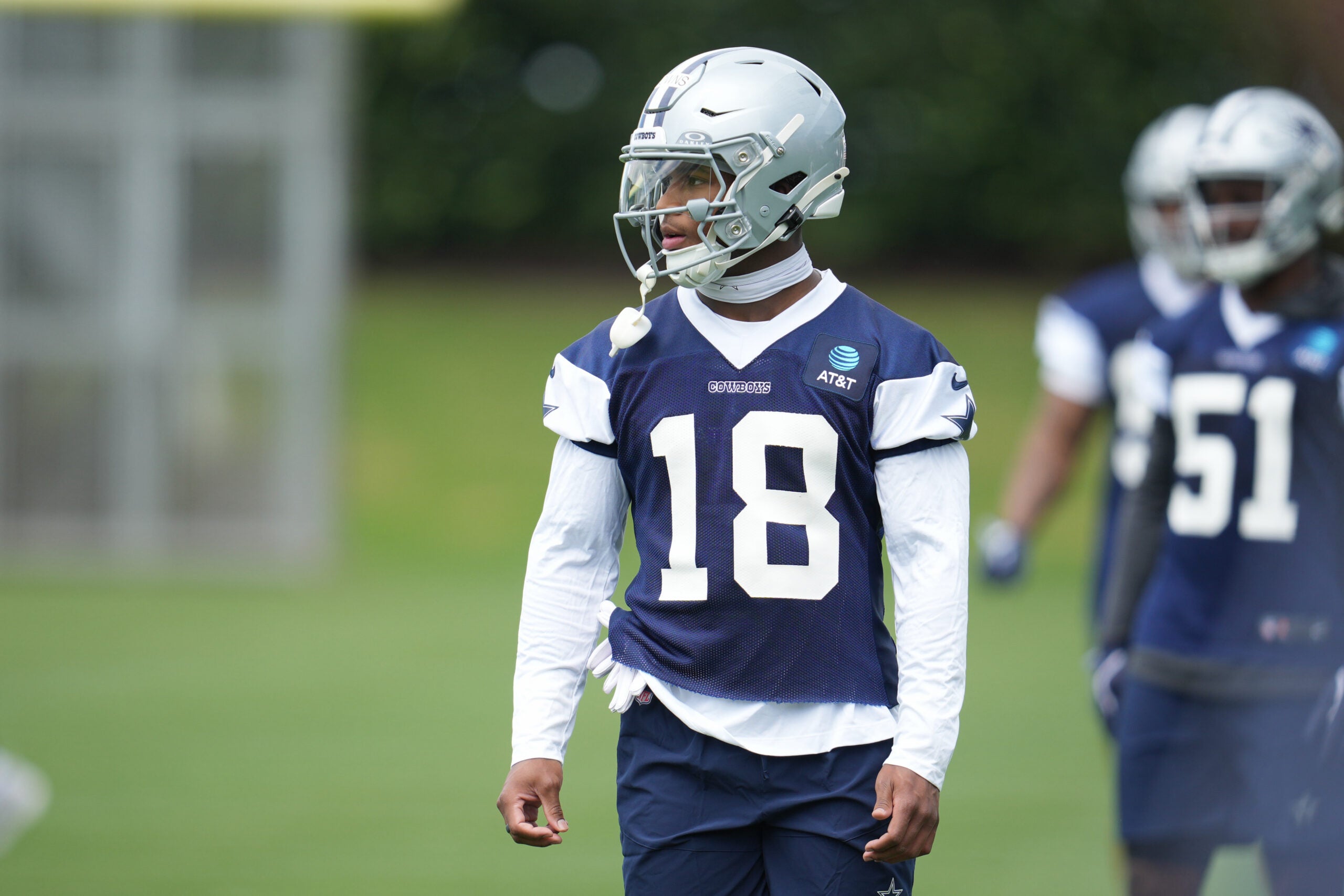 May 1, 2026; Frisco, TX, USA; Dallas Cowboys cornerback Caleb Downs (18) on the field during practice at the Ford Center at the Star Training Facility in Frisco, Texas.