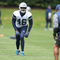 May 1, 2026; Frisco, TX, USA; Dallas Cowboys tight end Michael Trigg (46) goes through a drill during practice at the Ford Center at the Star Training Facility in Frisco, Texas.