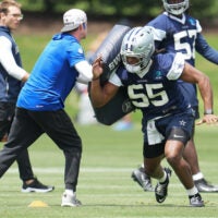 May 1, 2026; Frisco, TX, USA; Dallas Cowboys linebacker Jaishawn Barham (55) goes through a drill during practice at the Ford Center at the Star Training Facility in Frisco, Texas.
