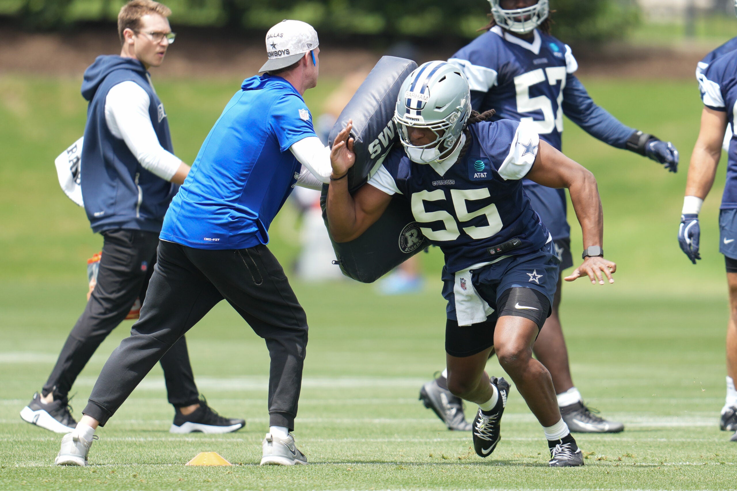 May 1, 2026; Frisco, TX, USA; Dallas Cowboys linebacker Jaishawn Barham (55) goes through a drill during practice at the Ford Center at the Star Training Facility in Frisco, Texas.