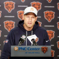 May 8, 2026; Lake Forest, IL, USA; Chicago Bears head coach Ben Johnson addresses the media at Halas Hall before Rookie Minicamp.