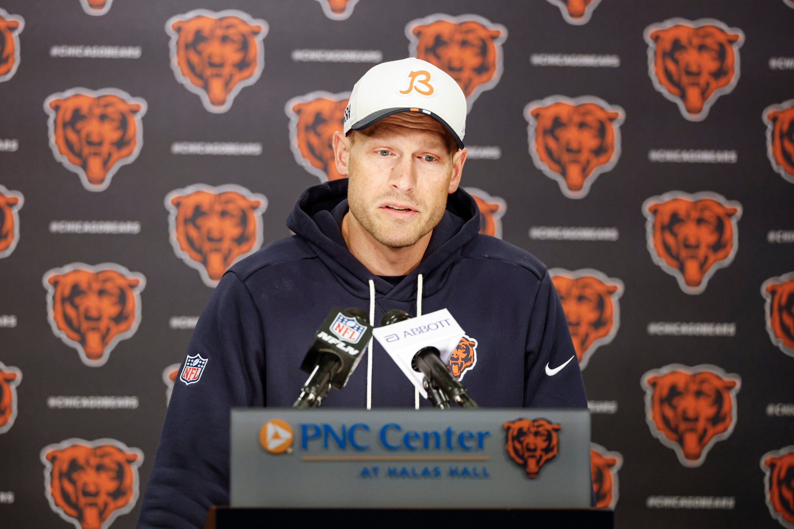 May 8, 2026; Lake Forest, IL, USA; Chicago Bears head coach Ben Johnson addresses the media at Halas Hall before Rookie Minicamp.