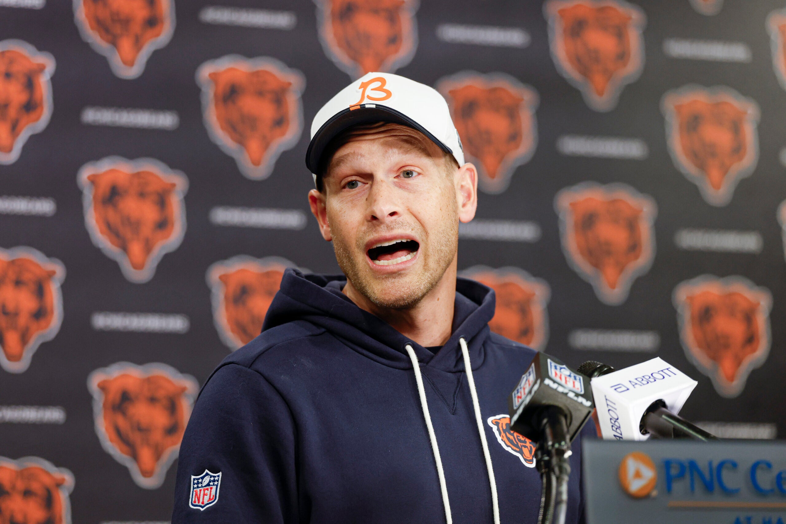 May 8, 2026; Lake Forest, IL, USA; Chicago Bears head coach Ben Johnson addresses the media at Halas Hall before Rookie Minicamp.