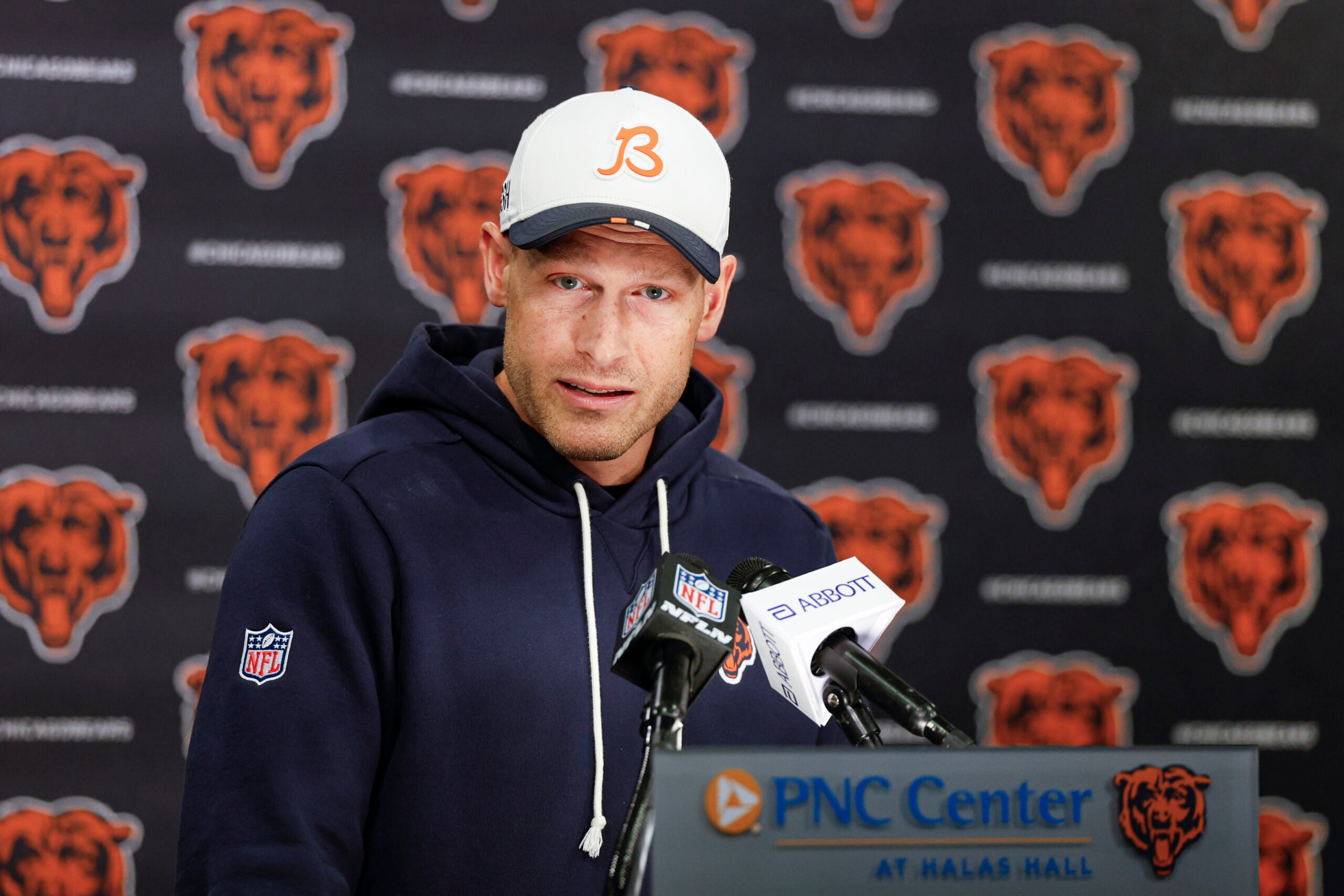 May 8, 2026; Lake Forest, IL, USA; Chicago Bears head coach Ben Johnson addresses the media at Halas Hall before Rookie Minicamp.