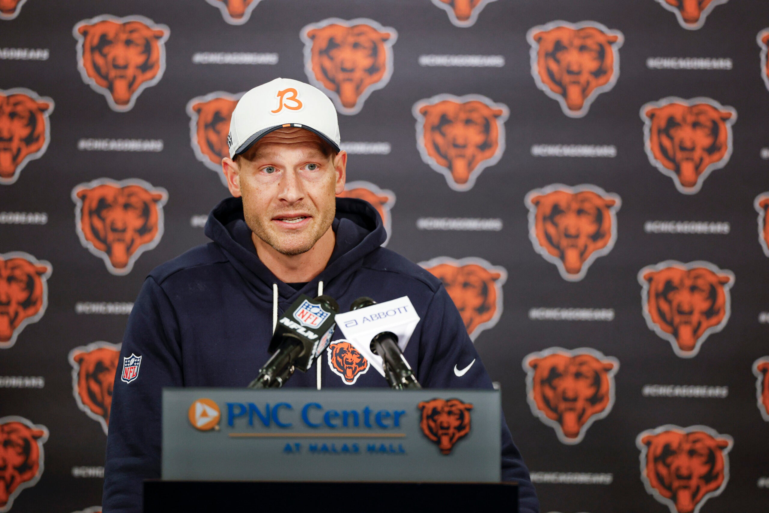 May 8, 2026; Lake Forest, IL, USA; Chicago Bears head coach Ben Johnson addresses the media at Halas Hall before Rookie Minicamp.