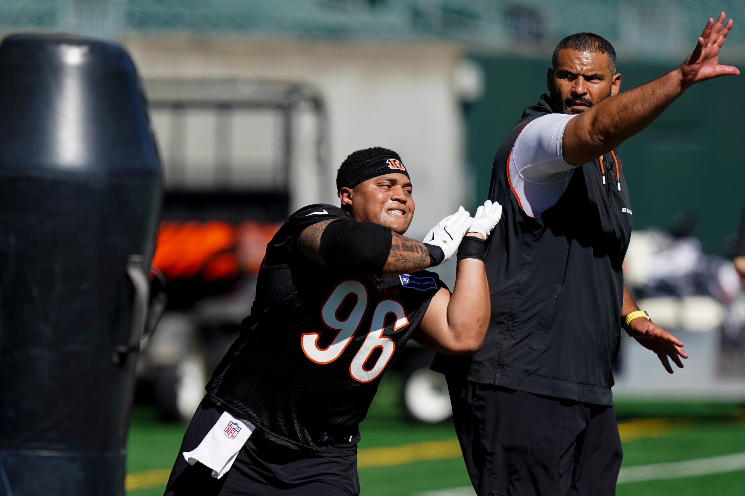 Bengals defensive tackle Landon Robinson (96) runs through a drill during a rookie mini camp workout at the Bengals practice facility in downtown Cincinnati on Friday, May 8, 2026.