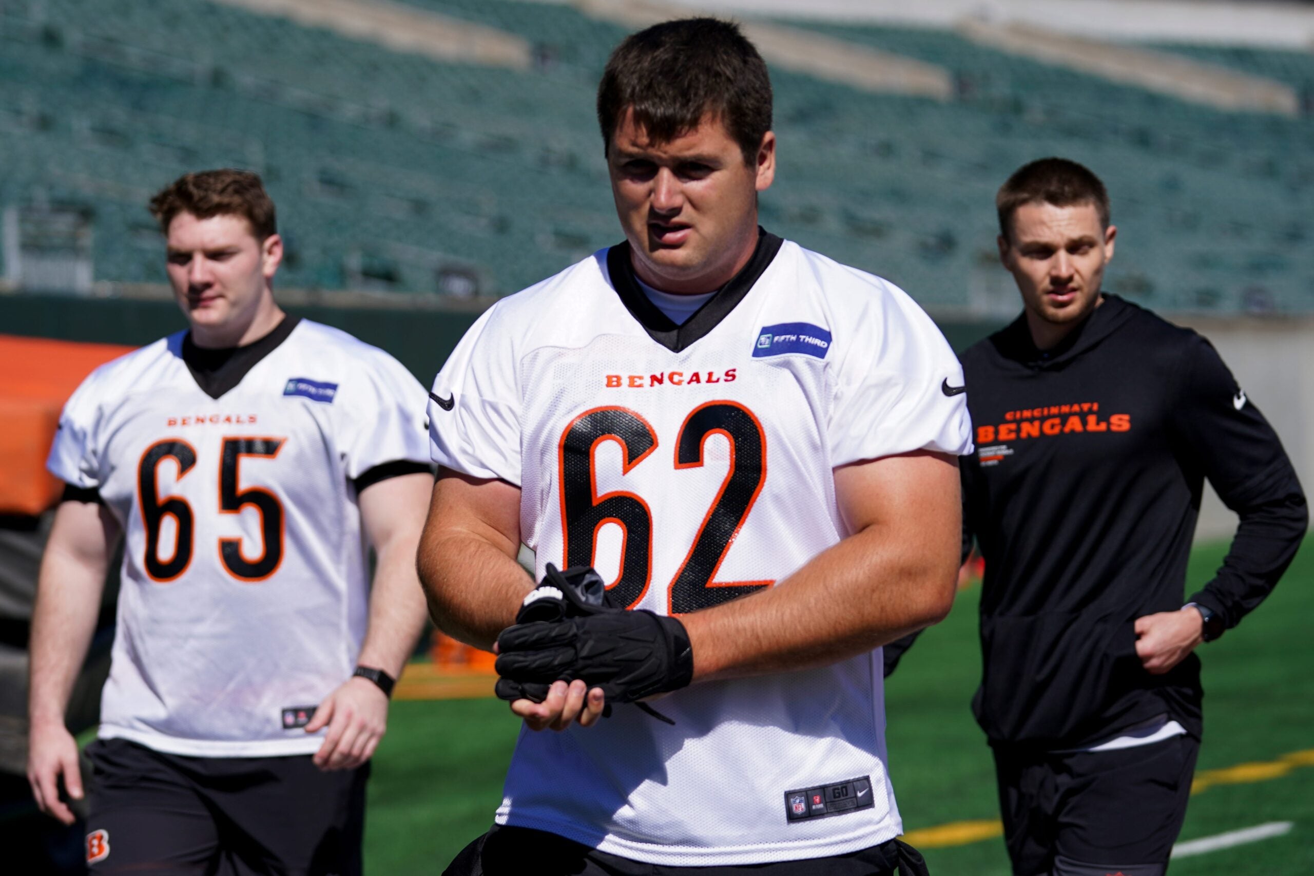 Cincinnati Bengals offensive tackle Brian Parker II (62) lines up for a drill during a rookie mini camp workout at the Bengals practice facility in downtown Cincinnati on Friday, May 8, 2026.