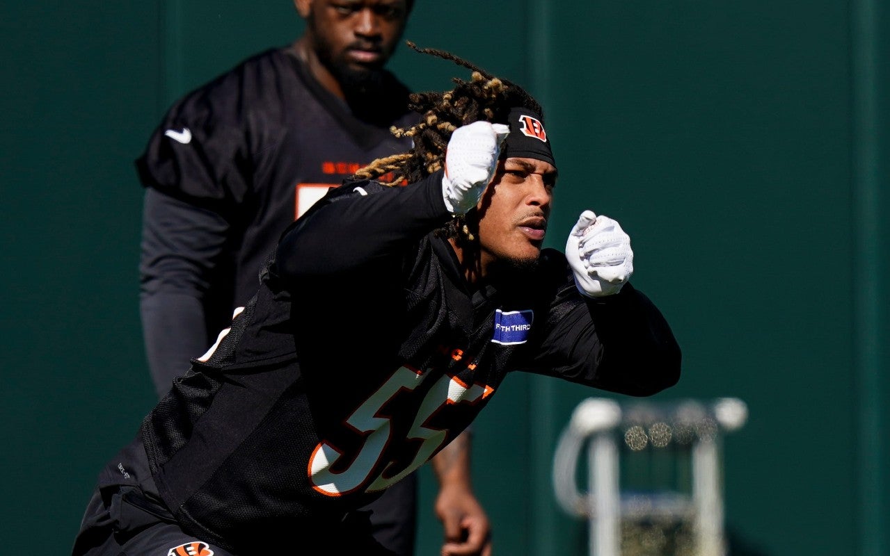 Bengals defensive end Cashius Howell (55) runs through a drill during a rookie mini camp workout at the Bengals practice facility in downtown Cincinnati on Friday, May 8, 2026.