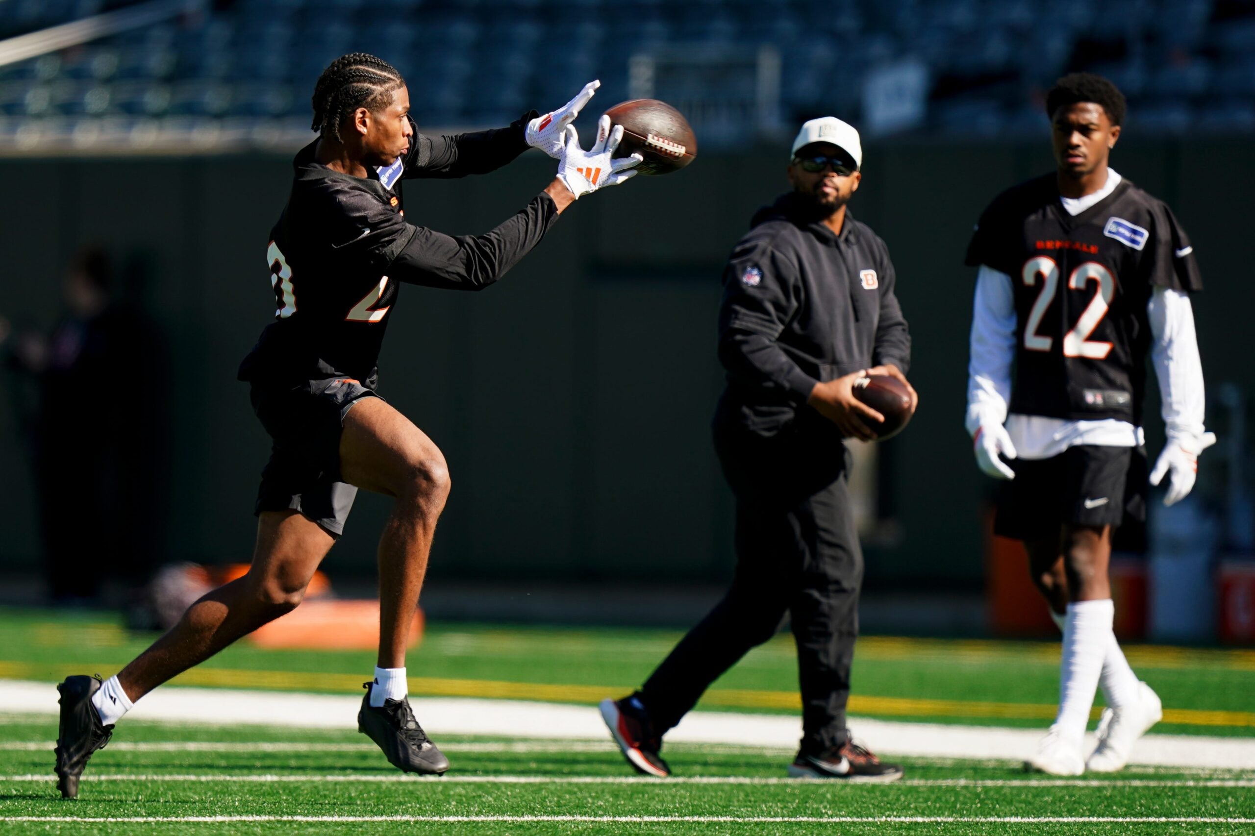 Bengals cornerback Tacario Davis (20) catches a throw during a rookie mini camp workout at the Bengals practice facility in downtown Cincinnati on Friday, May 8, 2026.