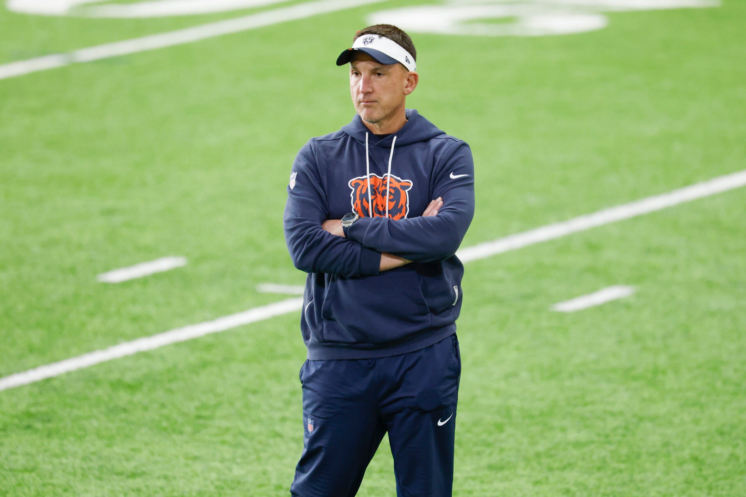 May 8, 2026; Lake Forest, IL, USA; Chicago Bears defensive coordinator Dennis Allen looks on during Rookie Minicamp at Halas Hall.