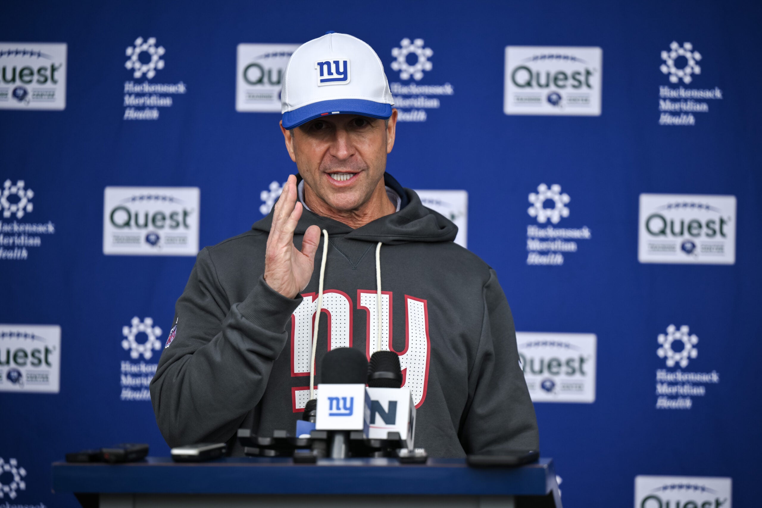 May 9, 2026; East Rutherford, NJ, USA; New York Giants head coach Jim Harbaugh speaks during a press conference at rookie minicamp at Quest Diagnostics Training Center.