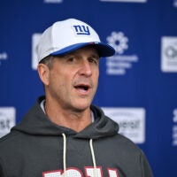 May 9, 2026; East Rutherford, NJ, USA; New York Giants head coach Jim Harbaugh speaks during a press conference at rookie minicamp at Quest Diagnostics Training Center.
