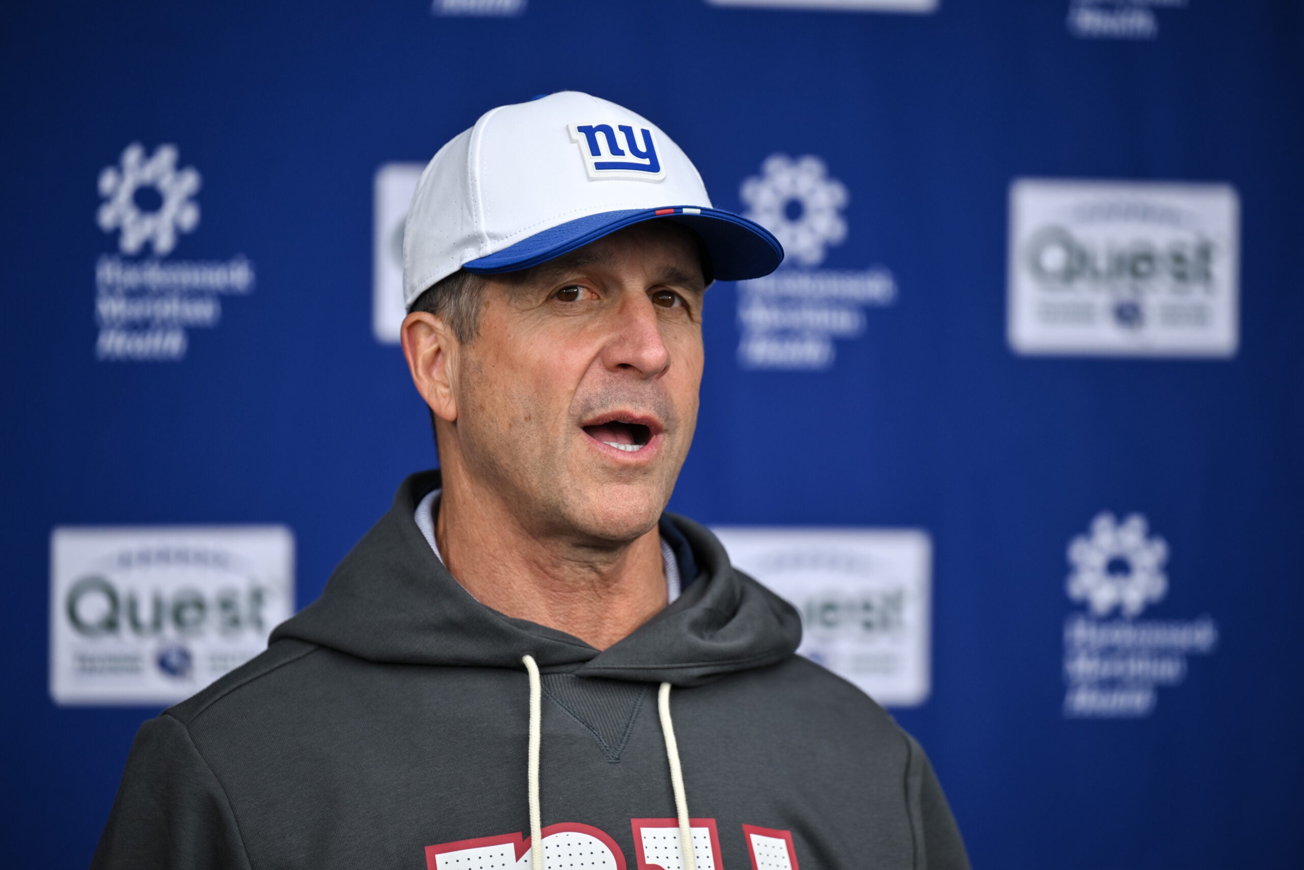 May 9, 2026; East Rutherford, NJ, USA; New York Giants head coach Jim Harbaugh speaks during a press conference at rookie minicamp at Quest Diagnostics Training Center.