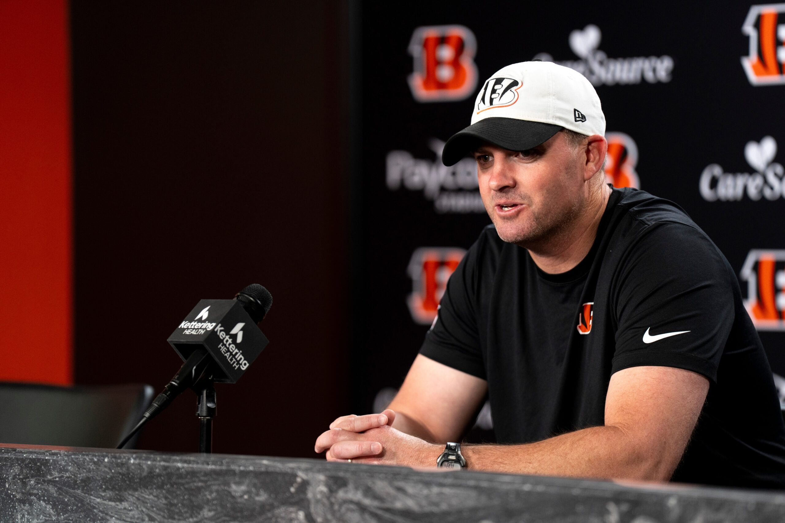 Cincinnati Bengals head coach Zac Taylor speaks to the press at Paycor Stadium in Cincinnati on Tuesday, May 12, 2026.
