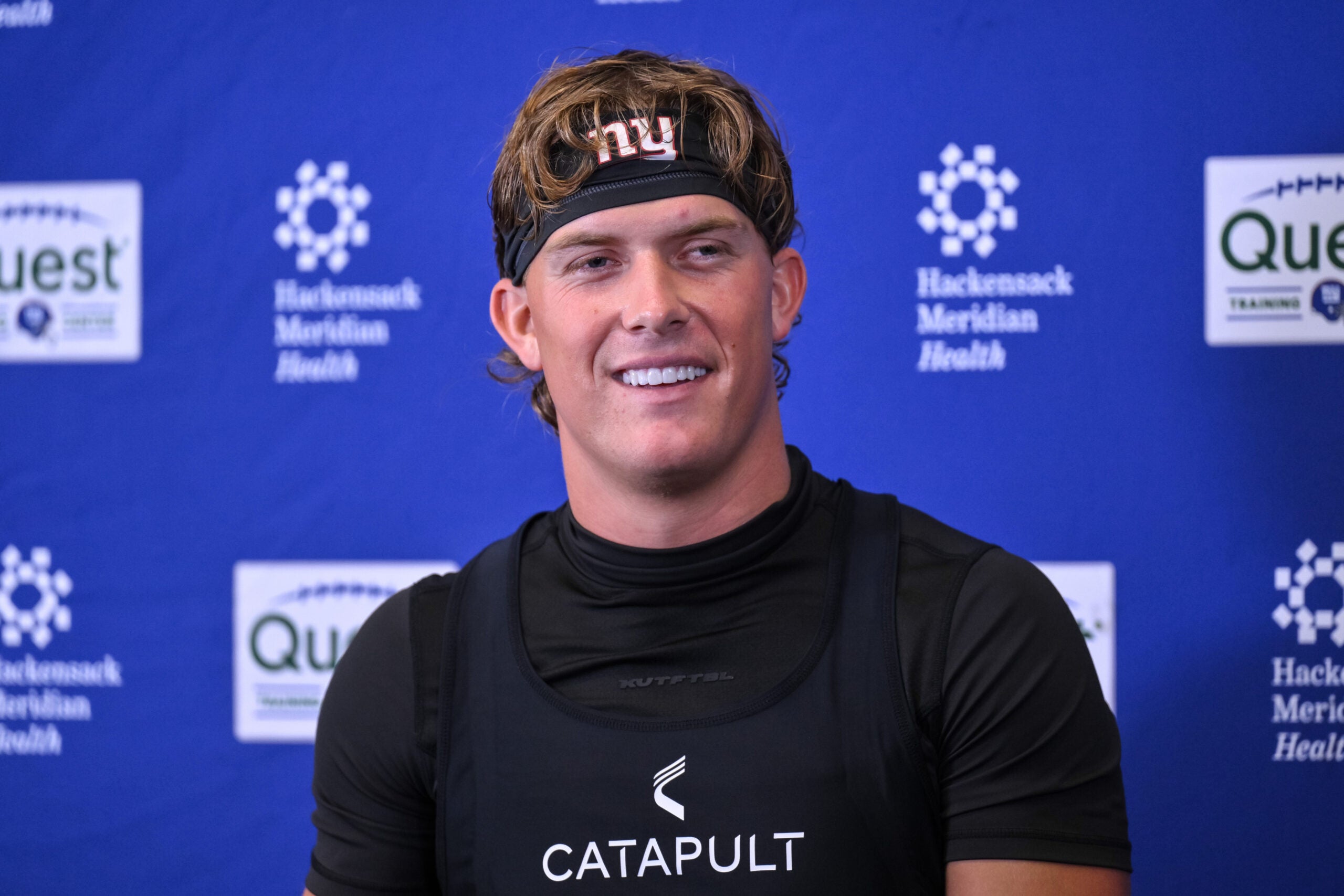 May 21, 2026; East Rutherford, NJ, USA; New York Giants quarterback Jaxson Dart (6) speaks at a press conference during organized team activities at Quest Diagnostics Training Center.