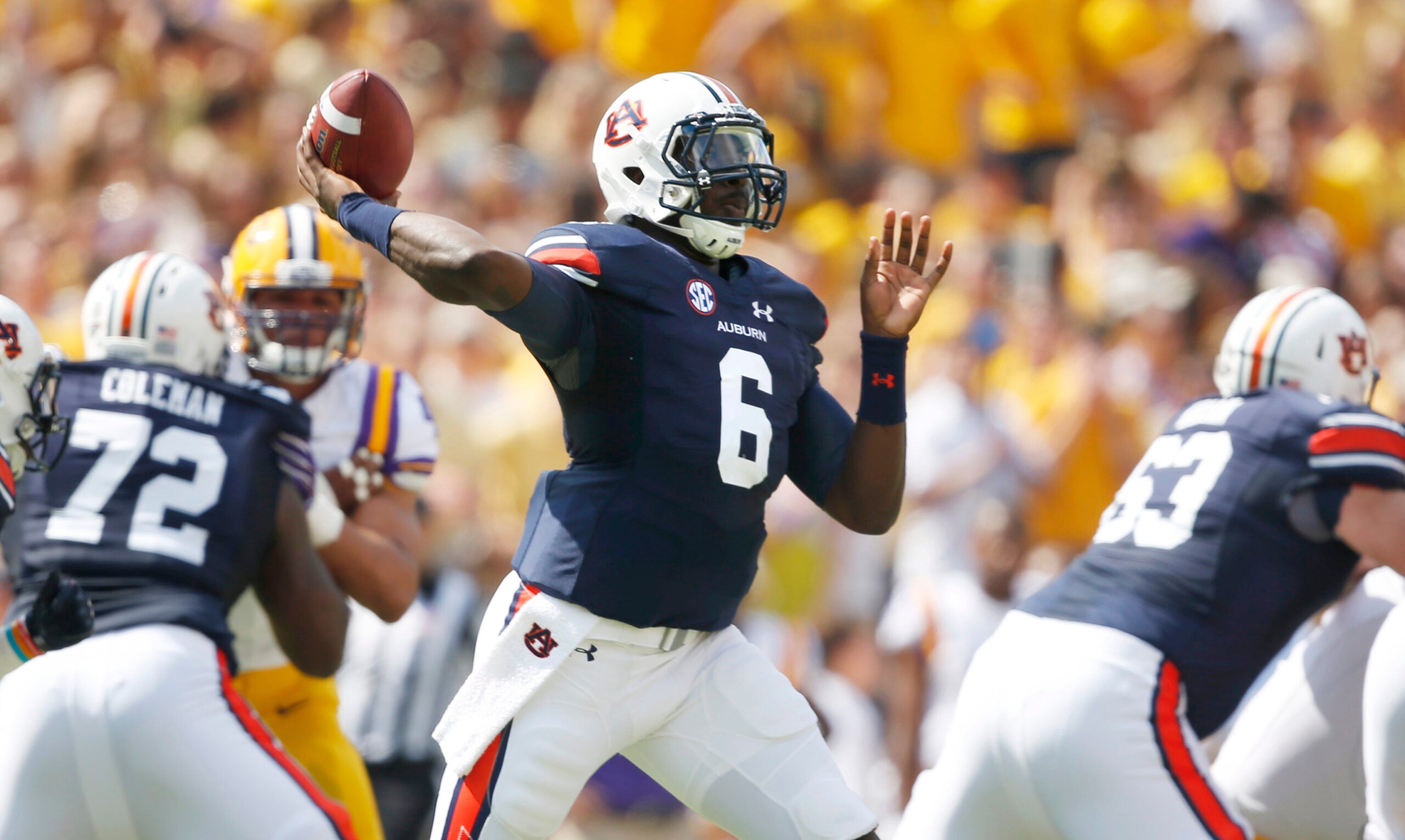Sep 19, 2015; Baton Rouge, LA, USA; Auburn Tigers quarterback Jeremy Johnson (6) throws against the Louisiana State Tigers at Tiger Stadium.