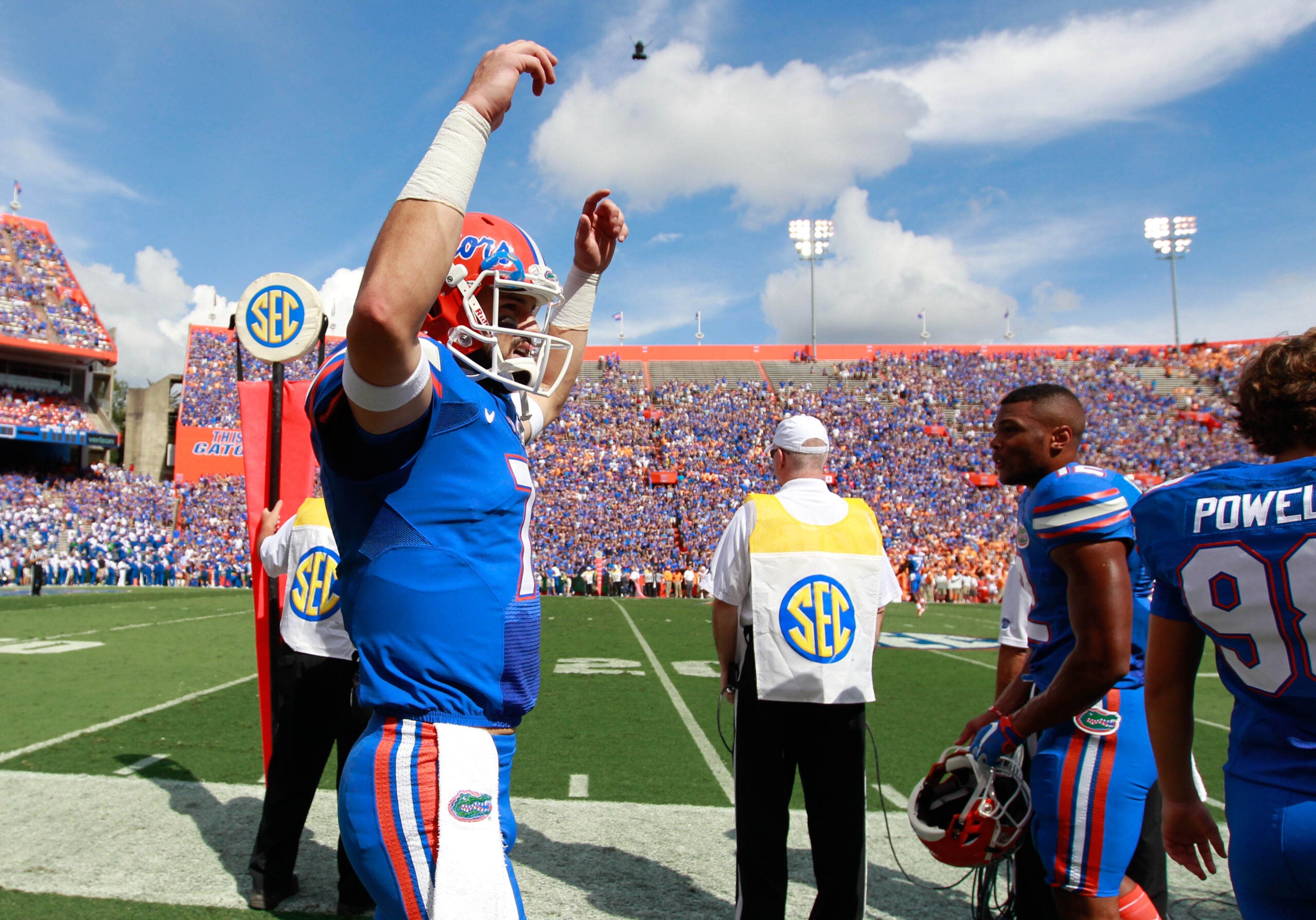 Sep 26, 2015; Gainesville, FL, USA; Florida Gators quarterback Will Grier (7) gets the crowd pumped up against the Tennessee Volunteers at Ben Hill Griffin Stadium.