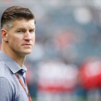Aug 27, 2016; Chicago, IL, USA; Chicago Bears general manager Ryan Pace looks on from the sidelines before the preseason game against the Kansas City Chiefs at Soldier Field.