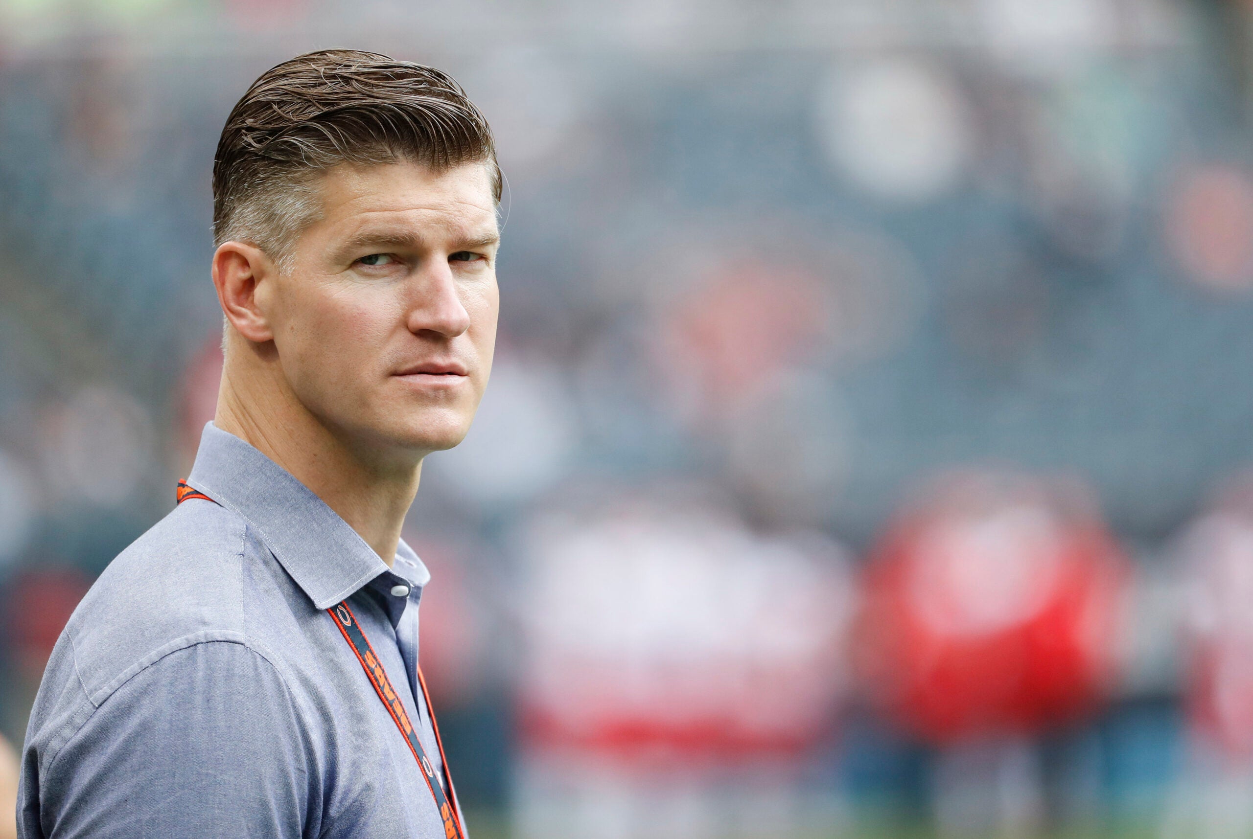 Aug 27, 2016; Chicago, IL, USA; Chicago Bears general manager Ryan Pace looks on from the sidelines before the preseason game against the Kansas City Chiefs at Soldier Field.