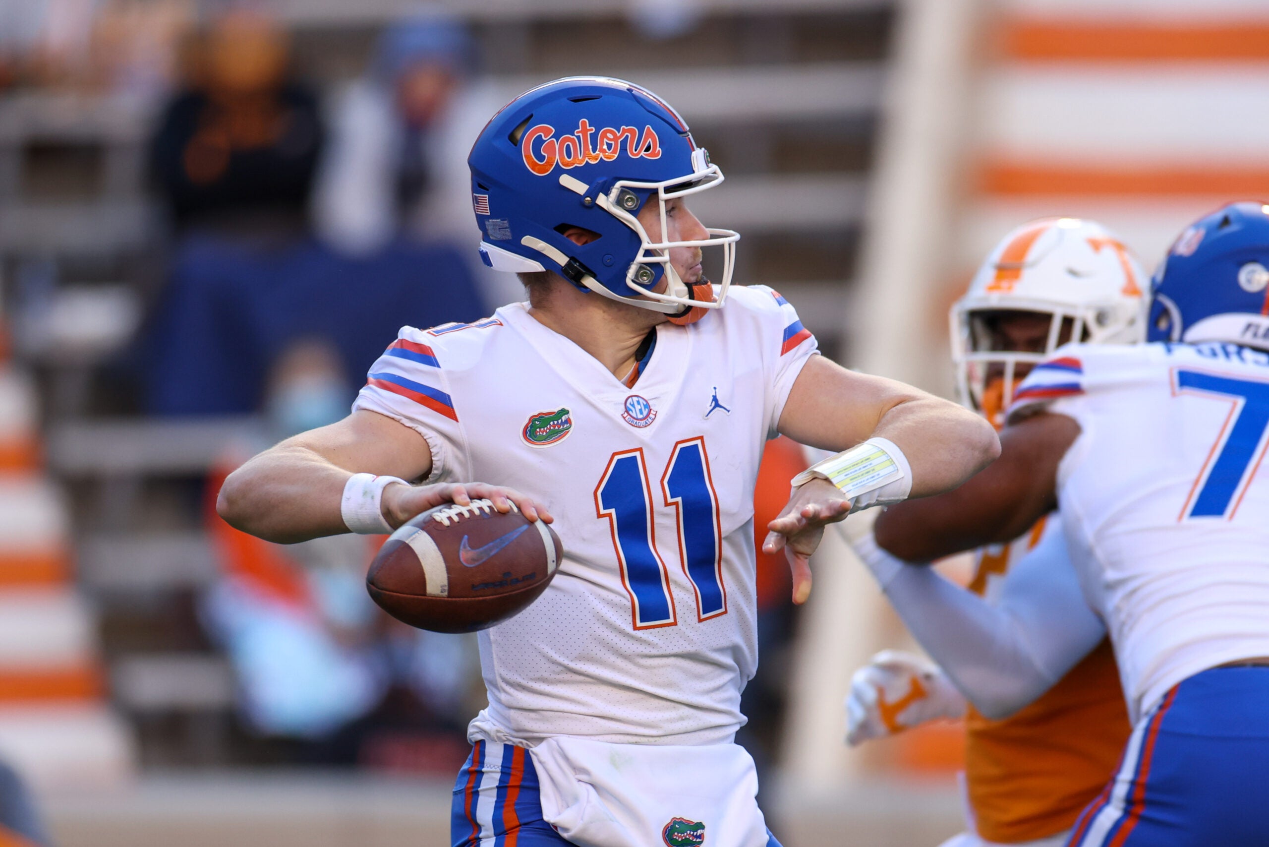 Dec 5, 2020; Knoxville, Tennessee, USA; Florida Gators quarterback Kyle Trask (11) during a game against the Tennessee Volunteers at Neyland Stadium.
