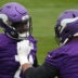 Sep 30, 2022; Thundridge, United Kingdom; Minnesota Vikings guard Olisaemeka Udoh (74) and offensive tackle Christian Darrisaw (71) partipate in drills during practice at Hanbury Manor.