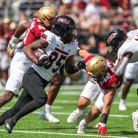 Sep 2, 2023; Chestnut Hill, Massachusetts, USA; Northern Illinois Huskies receiver Trayvon Rudolph (85) runs the ball during the first half against the Boston College Eagles at Alumni Stadium.