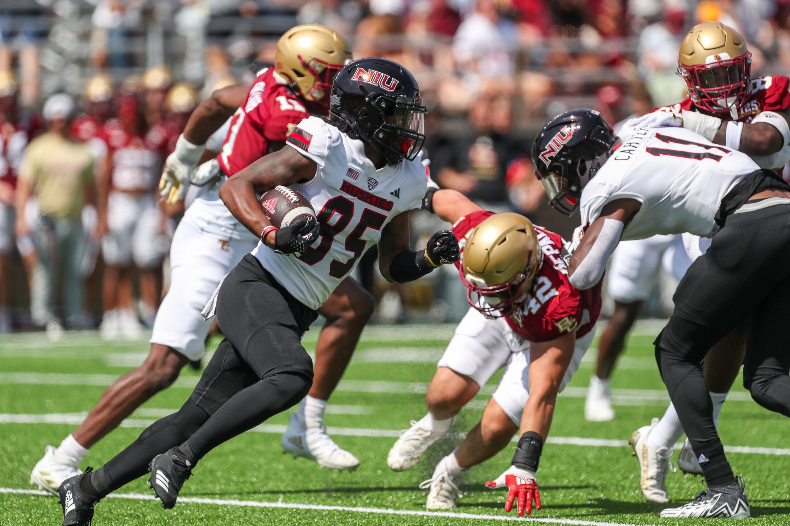 Sep 2, 2023; Chestnut Hill, Massachusetts, USA; Northern Illinois Huskies receiver Trayvon Rudolph (85) runs the ball during the first half against the Boston College Eagles at Alumni Stadium.