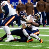 Nov 5, 2023; New Orleans, Louisiana, USA; New Orleans Saints defensive end Cameron Jordan (94) sacks Chicago Bears quarterback Tyson Bagent (17) during the first half at the Caesars Superdome.
