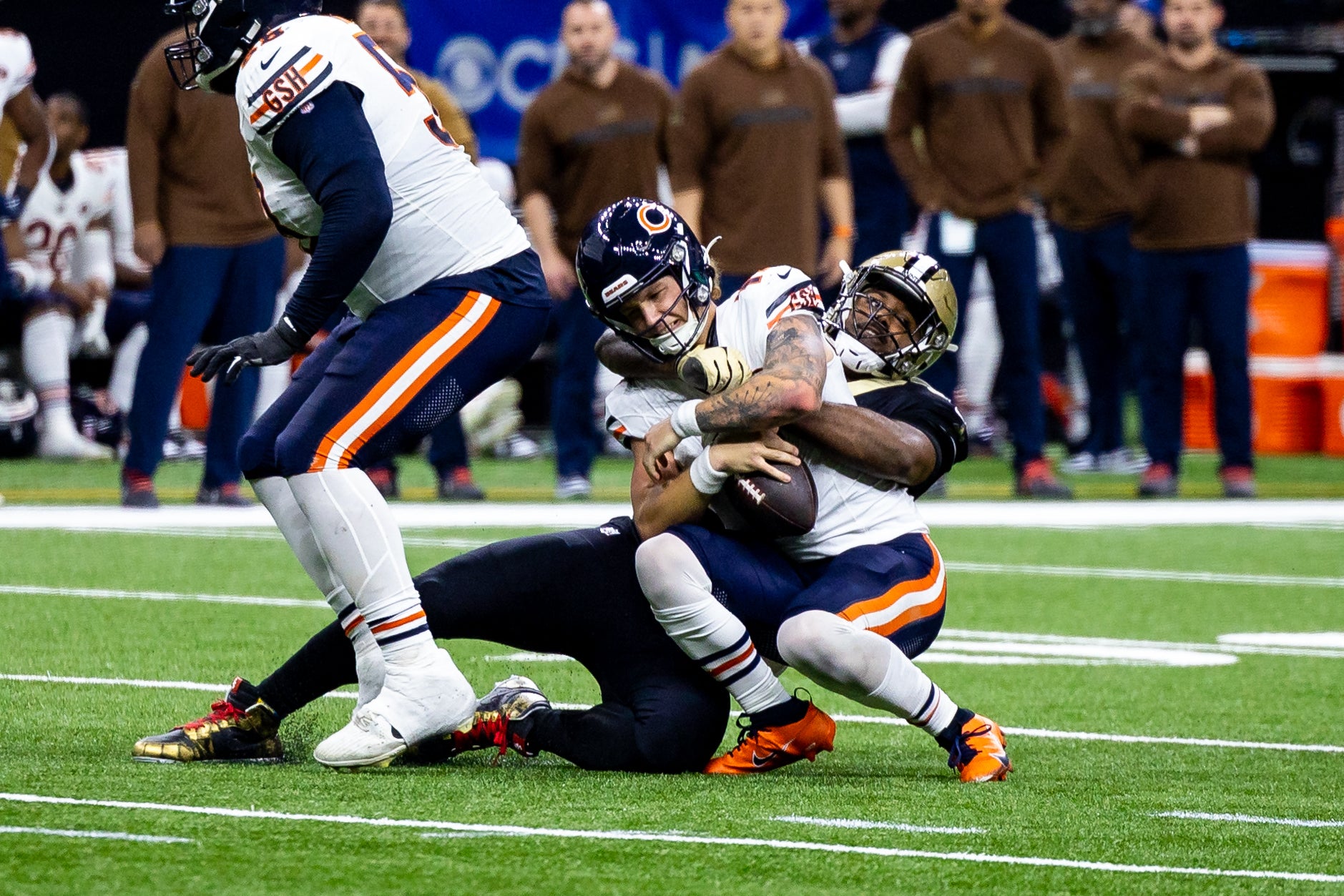 Nov 5, 2023; New Orleans, Louisiana, USA; New Orleans Saints defensive end Cameron Jordan (94) sacks Chicago Bears quarterback Tyson Bagent (17) during the first half at the Caesars Superdome.