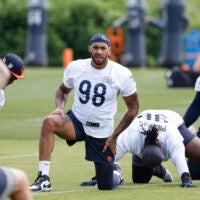 Jun 5, 2024; Lake Forest, IL, USA; Chicago Bears defensive end Montez Sweat (98) looks on during the team's minicamp at Halas Hall.
