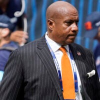 Aug 17, 2024; Chicago, Illinois, USA; Chicago Bears President Kevin Warren on the field before the game against the Cincinnati Bengals at Soldier Field.