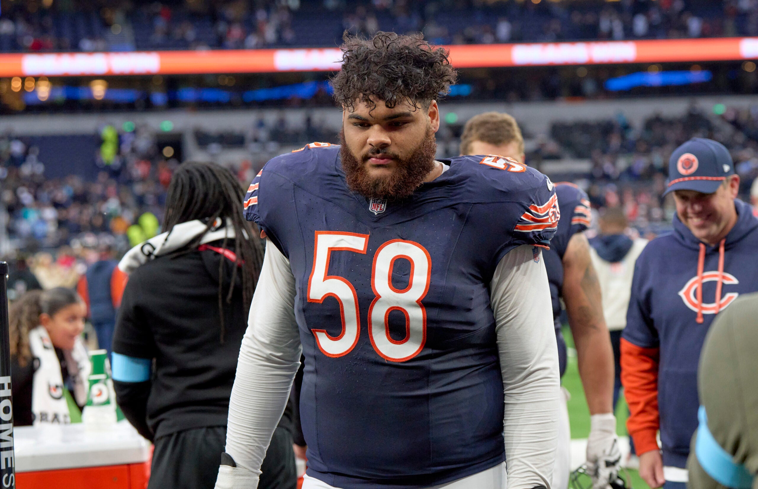 Oct 13, 2024; London, United Kingdom; Chicago Bears offensive tackle Darnell Wright (58) after an NFL International Series game at Tottenham Hotspur Stadium.