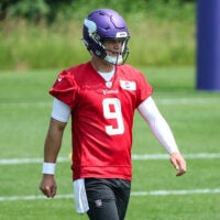 Jun 10, 2025; Minneapolis, MN, USA; Minnesota Vikings quarterback J.J. McCarthy (9) practices during minicamp at the Minnesota Vikings Training Facility.