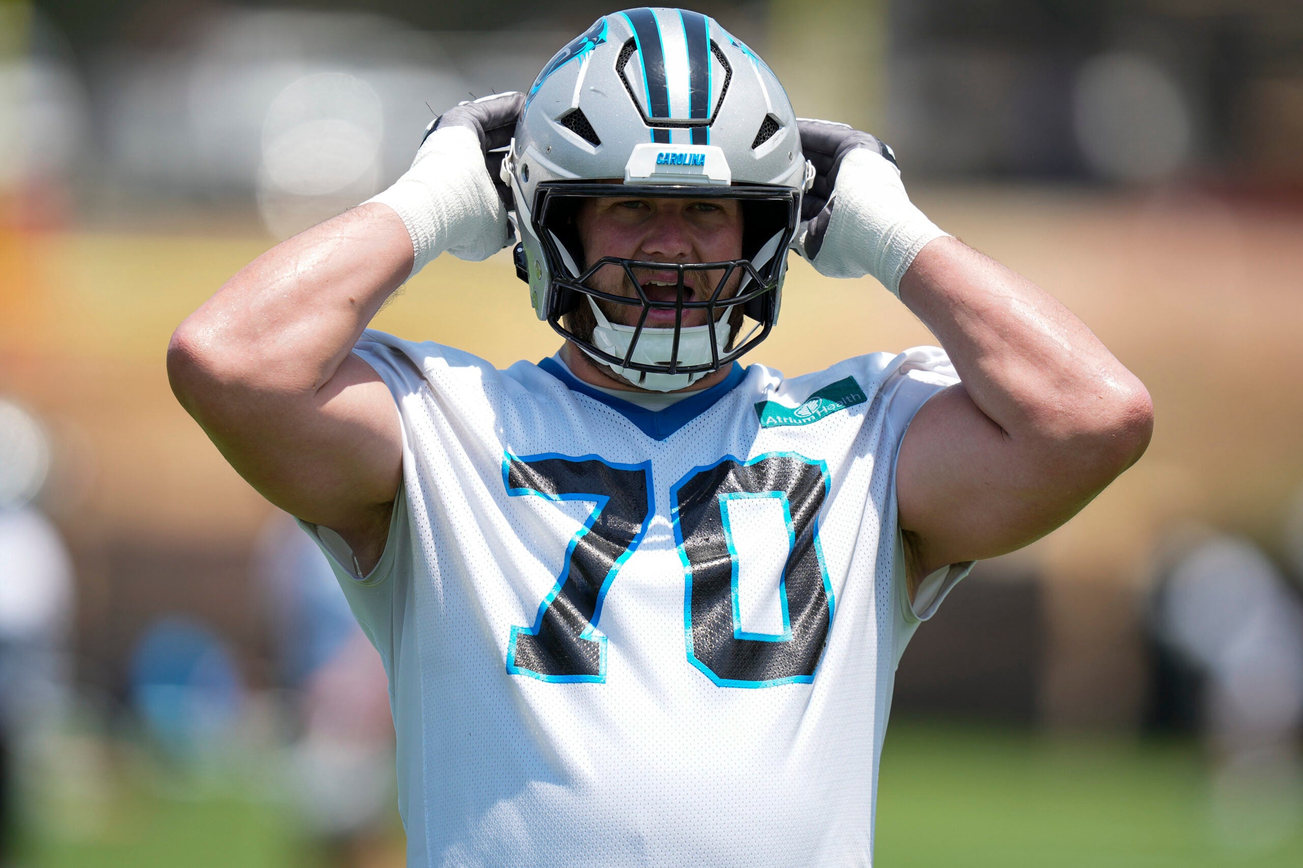 Jun 11, 2025; Charlotte, NC, USA; Carolina Panthers guard Brady Christensen (70) during minicamp at Bank of America Stadium.