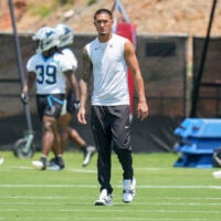 Jun 11, 2025; Charlotte, NC, USA; Carolina Panthers wide receiver Tetairoa McMillan (4) during minicamp at Bank of America Stadium.