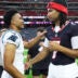 Aug 16, 2025; Houston, Texas, USA; Carolina Panthers quarterback Bryce Young (9) and Houston Texans quarterback C.J. Stroud (7) greet on the field after the game at NRG Stadium.