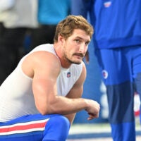 Sep 7, 2025; Orchard Park, New York, USA; Buffalo Bills defensive end Joey Bosa (97) warms up prior to the game against the Baltimore Ravens at Highmark Stadium.