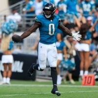Jacksonville Jaguars linebacker Devin Lloyd (0) reacts to his fumble recovery during the fourth quarter of an NFL football matchup at EverBank Stadium, Sunday, Sept. 21, 2025, in Jacksonville, Fla. The Jaguars defeated the Texans 17-10.