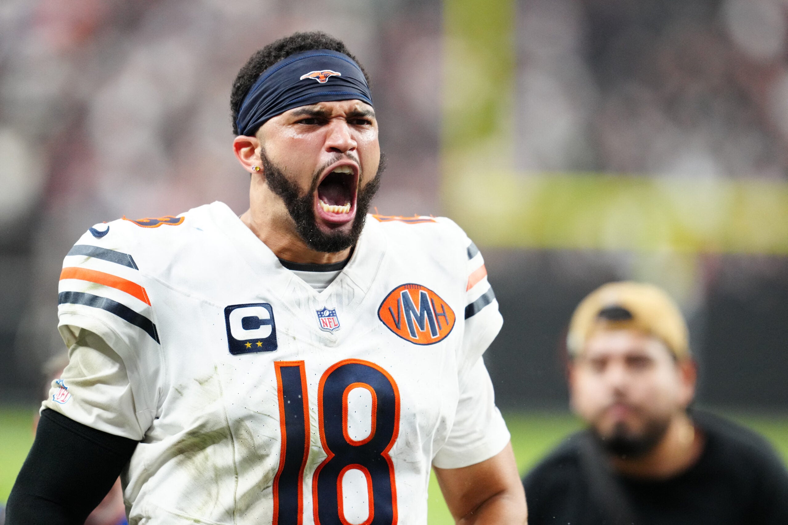 Sep 28, 2025; Paradise, Nevada, USA; Chicago Bears quarterback Caleb Williams (18) celebrates after the game against the Las Vegas Raiders at Allegiant Stadium.
