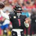 Oct 5, 2025; Glendale, Arizona, USA; Arizona Cardinals quarterback Kyler Murray (1) makes a throw against the Tennessee Titans during the fourth quarter at State Farm Stadium.