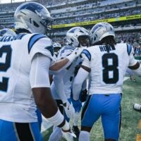 Carolina Panthers cornerback Corey Thornton (31) celebrates with Carolina Panthers cornerback Jaycee Horn (8) during a game against the New York Jets at MetLife Stadium, Oct 19, 2025, East Rutherford, NJ, USA.