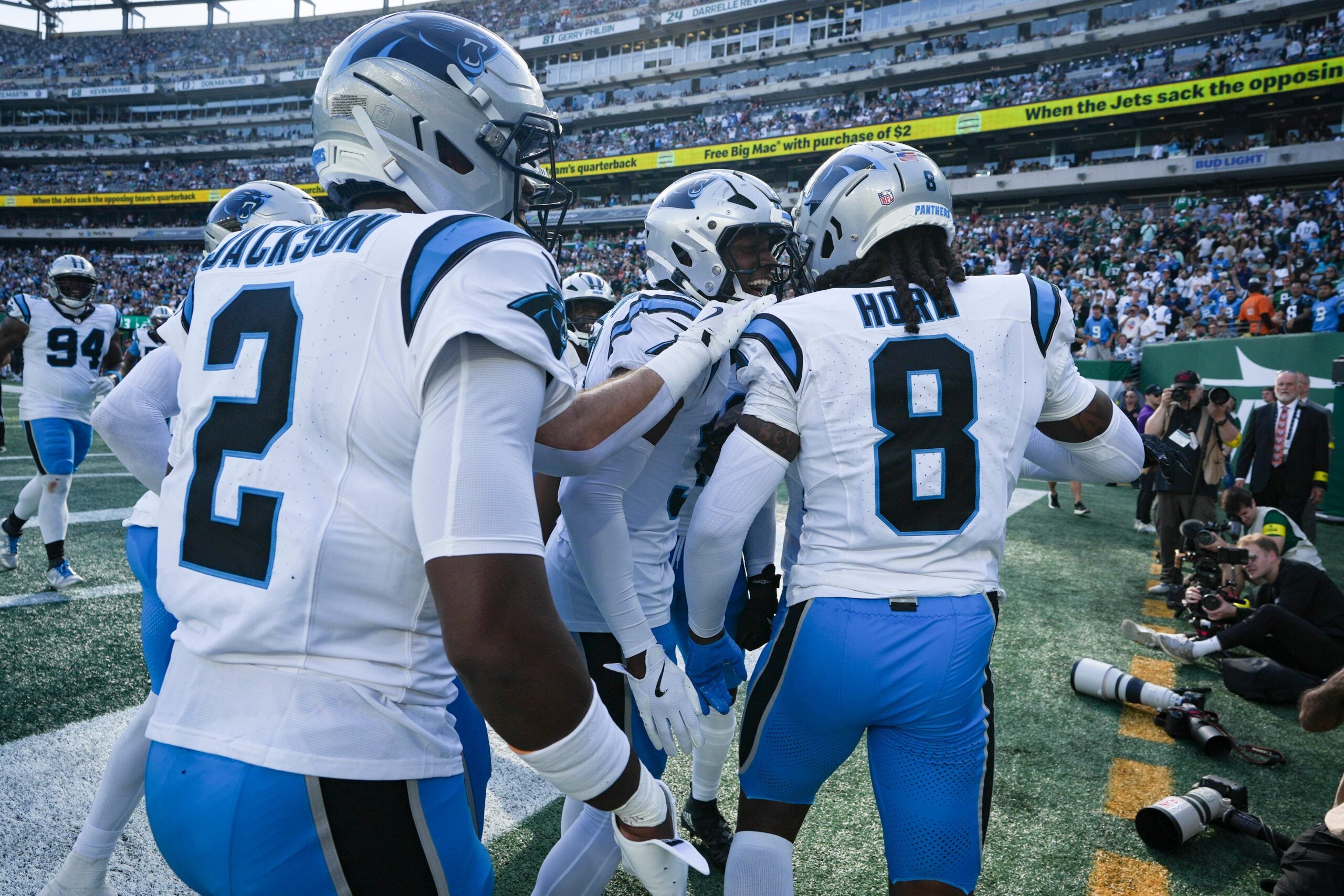 Carolina Panthers cornerback Corey Thornton (31) celebrates with Carolina Panthers cornerback Jaycee Horn (8) during a game against the New York Jets at MetLife Stadium, Oct 19, 2025, East Rutherford, NJ, USA.