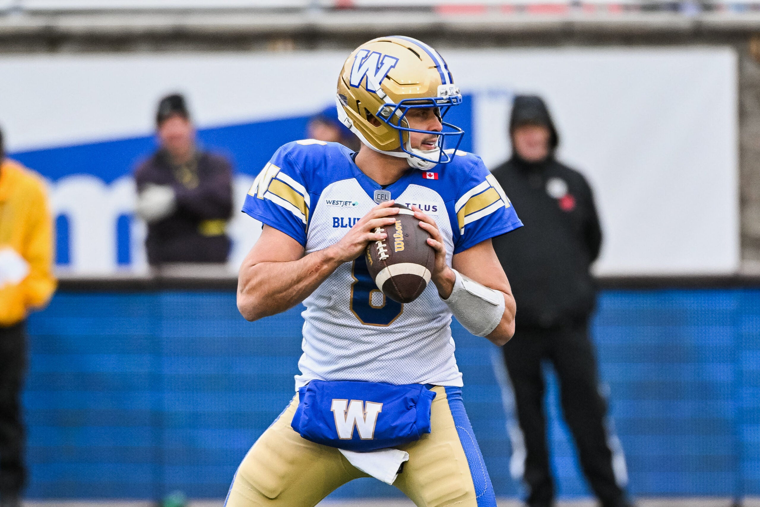 Nov 1, 2025; Montreal, Quebec, Canada; Winnipeg Blue Bombers quarterback Zach Collaros (8) looks to throw the ball against the Montreal Alouettes during the third quarter at Percival-Molson stadium.