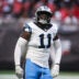 Nov 16, 2025; Atlanta, Georgia, USA; Carolina Panthers outside linebacker Nic Scourton (11) reacts after a play in the fourth quarter against the Atlanta Falcons at Mercedes-Benz Stadium.