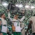 Nov 16, 2025; Winnipeg, Manitoba, Canada; Saskatchewan Roughriders quarterback Trevor Harris (7) lifts the Grey Cup in celebration of the win against the Montreal Alouettes during the 112th Grey Cup Championship at Princess Auto Stadium.