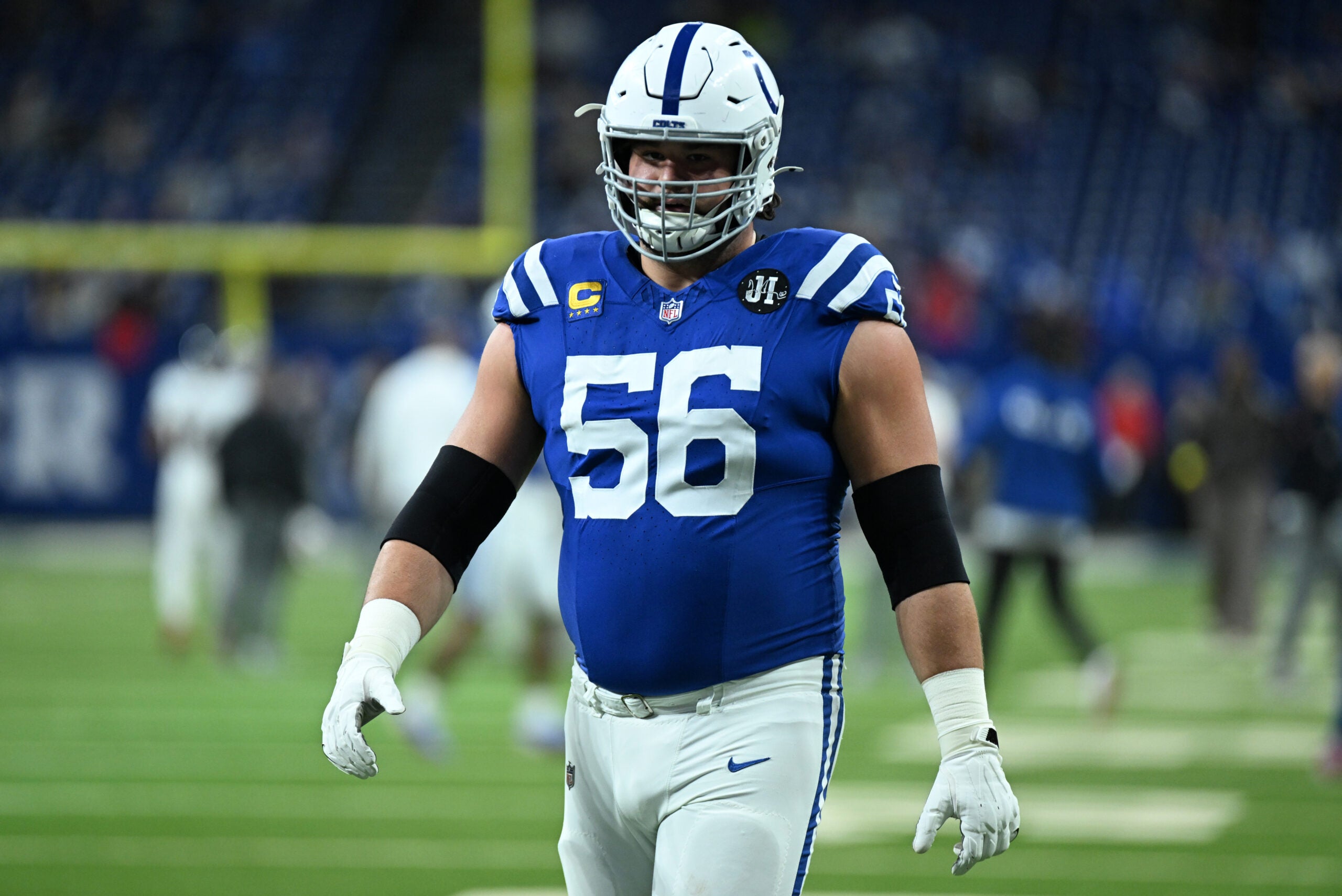 Nov 30, 2025; Indianapolis, Indiana, USA; Indianapolis Colts guard Quenton Nelson (56) warms up before a game against the Houston Texans at Lucas Oil Stadium.