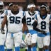 Dec 14, 2025; New Orleans, Louisiana, USA; Carolina Panthers defensive end Derrick Brown (95) and cornerback Jaycee Horn (8) walk on the field before the game against the New Orleans Saints at Caesars Superdome.