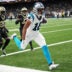 Dec 14, 2025; New Orleans, Louisiana, USA; Carolina Panthers wide receiver Jalen Coker (18) scores a touchdown in the third quarter against the New Orleans Saints at Caesars Superdome.