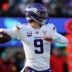 Dec 21, 2025; East Rutherford, New Jersey, USA; Minnesota Vikings quarterback J.J. McCarthy (9) drops back to pass against the New York Giants during the first half at MetLife Stadium.
